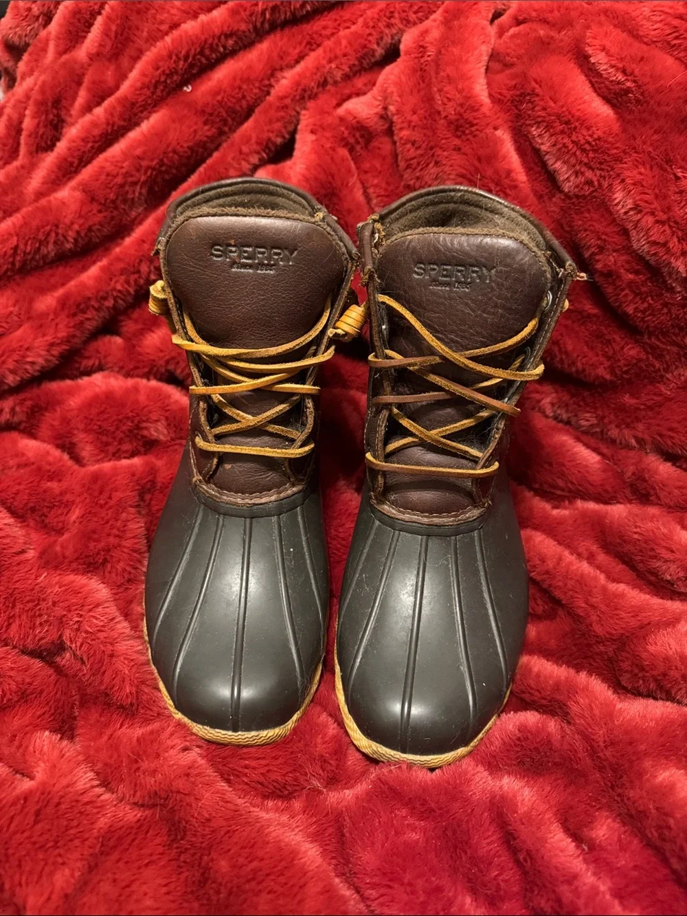 Sperry Kids Brown Leather & Black Rubber Rain Boots with Tan Laces